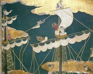 La llegada de los portugueses a Japón, detalle del mástil y nido de cuervos del barco, de una pantalla Namban Byobu, 1594-1618